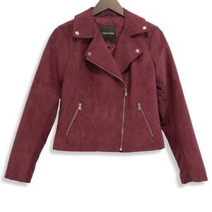 Maurices Cropped Moto Jacket Womens Medium Biker Zip Burgundy Faux Suede